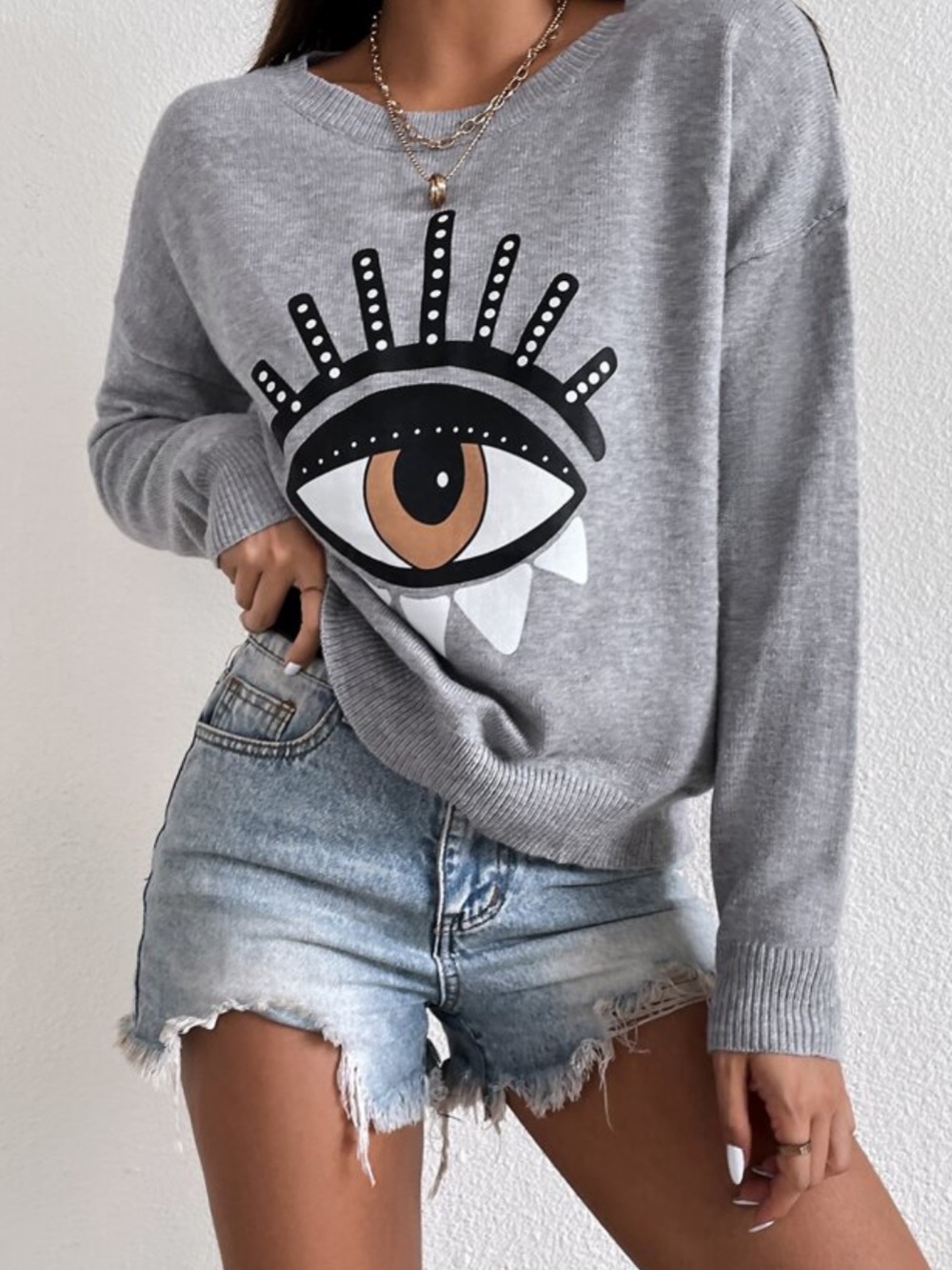 SHEIN Gray Eye Graphic Crew Sweater with Black & Tan Detail